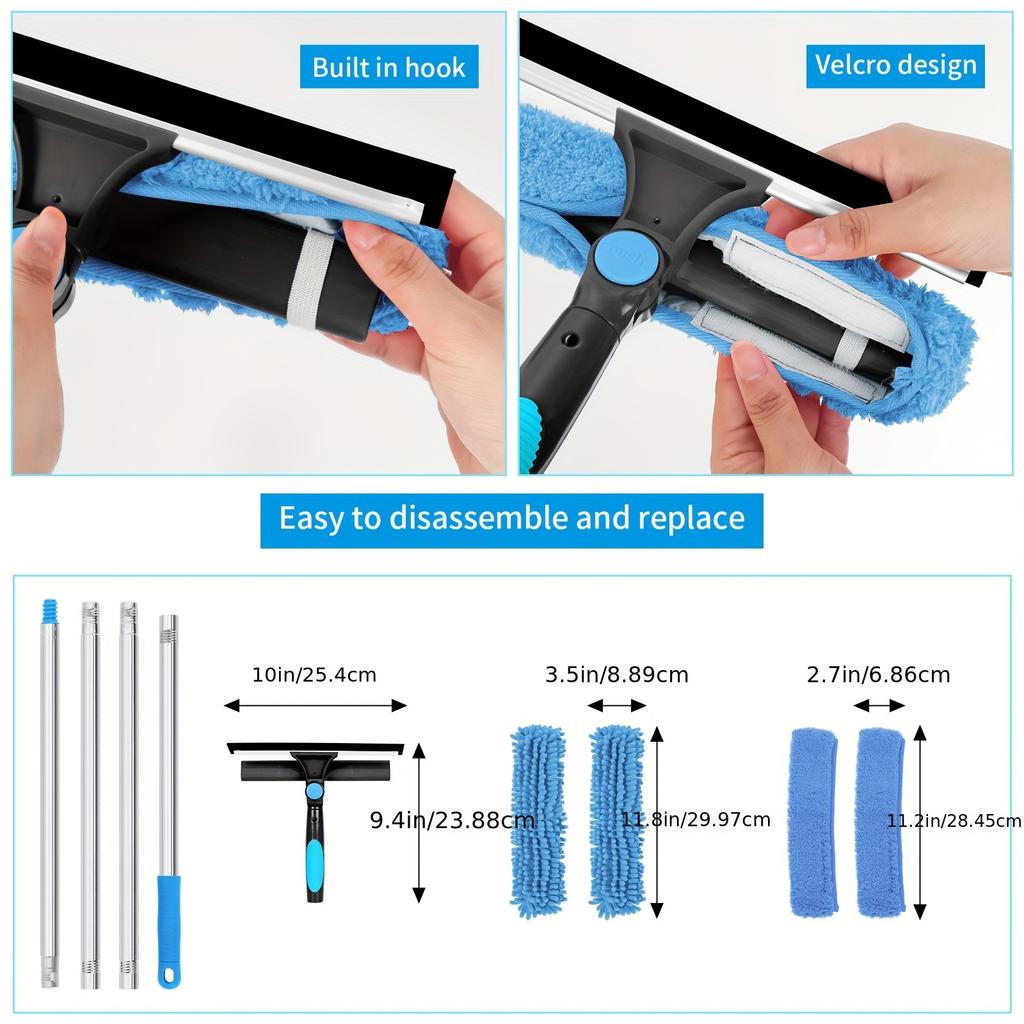 2-in-1 High Window Cleaning Scraper Set (Includes 1 Rotating Head and 4 Replaceable Brush Heads) (Includes Extension Pole)
