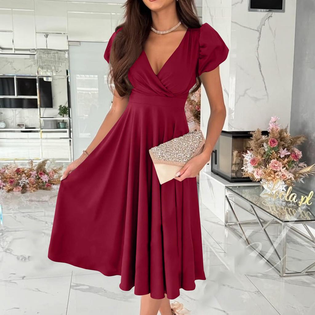 Women's Solid Color Sexy V-neck Short Sleeved Mid Skirt Dress