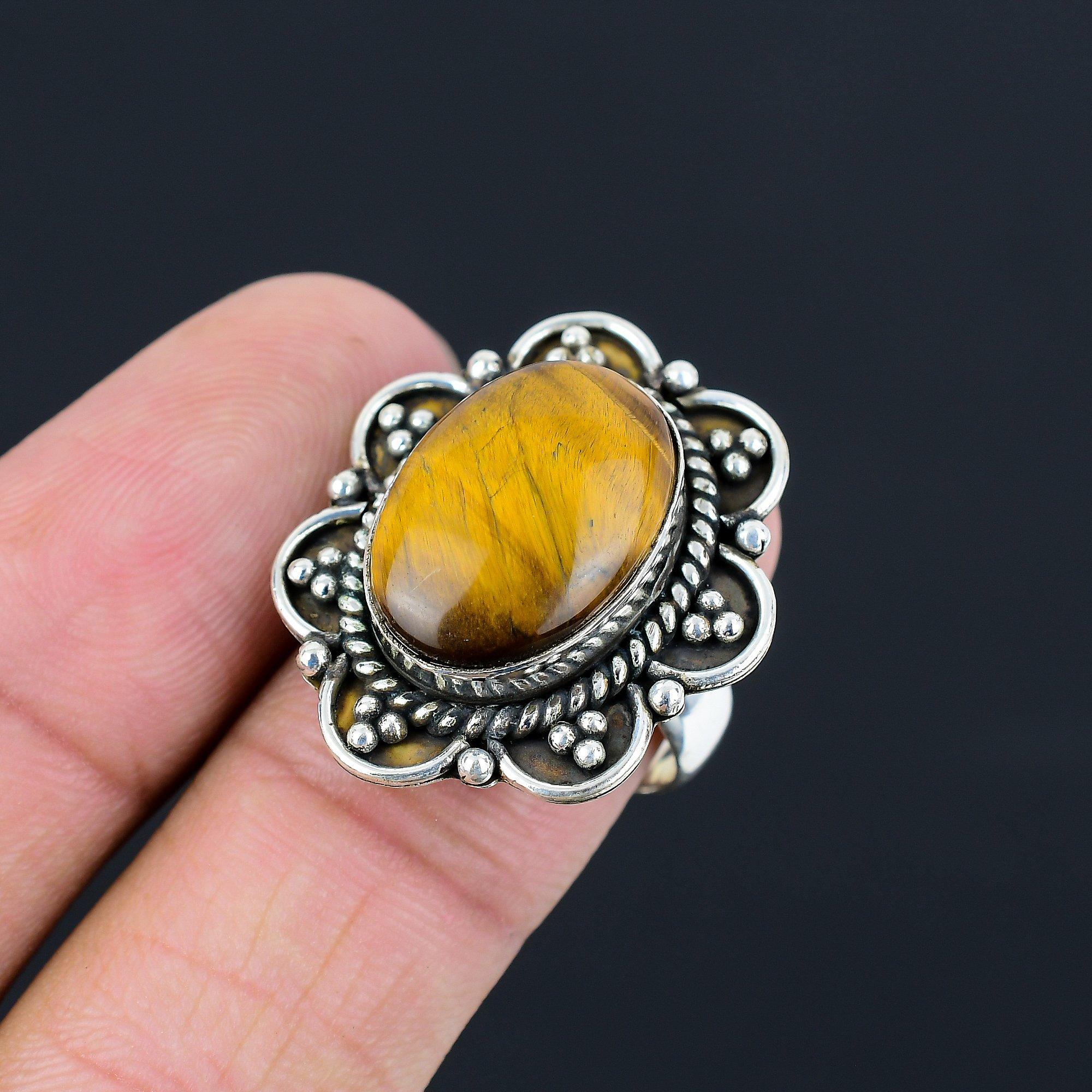 925 Sterling Silver Natural Tiger Eye Art Deco Wife Statement Ring Jewelry US 8 8