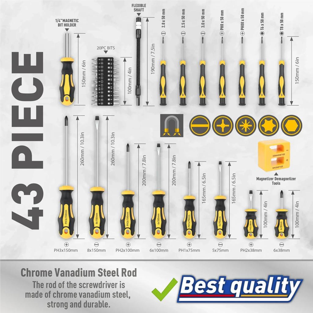NEW 43pcs Professional Magnetic Screwdriver Set with Chrome Vanadium Steel Slotted Phillips Hex Torx Bits Precision RodDurable