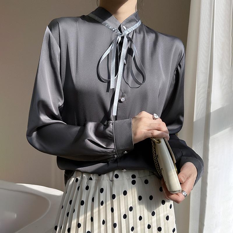 Cămașă pentru femei de primăvară și toamnă, cu centură flutter, cardigan cu fundă, cu gât rotund, bluză cu guler în picioare.