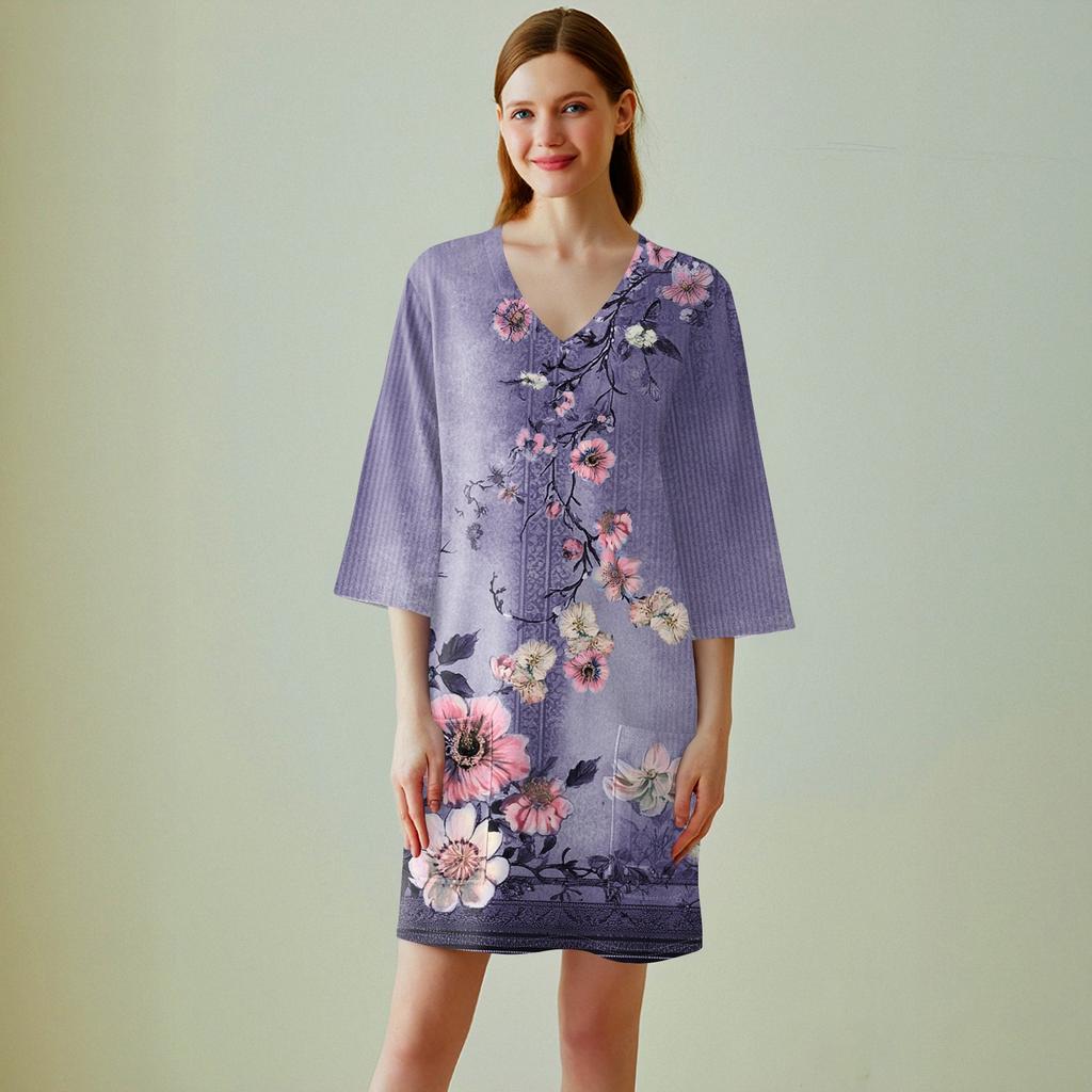 Dámský ležérní top s výstřihem do V a 3/4 rukávy s vintage květinovým potiskem