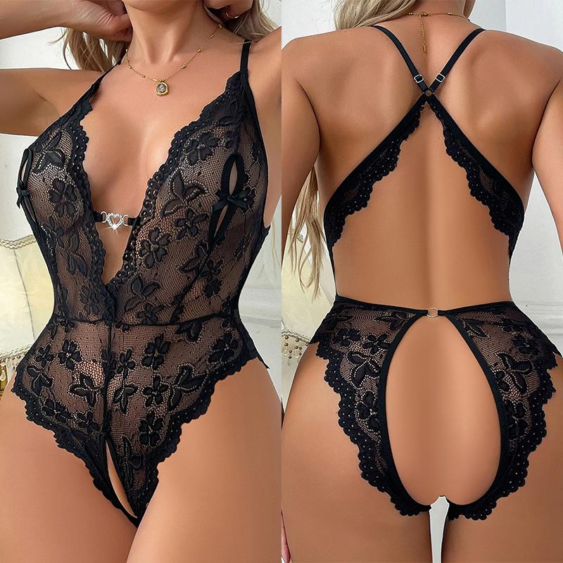 Super  Crotchless Lingerie Women Lace Erotic Bodysuit Sexy Outfit See Through Babydoll Dress Deep V Open Bra Porn Underwear
