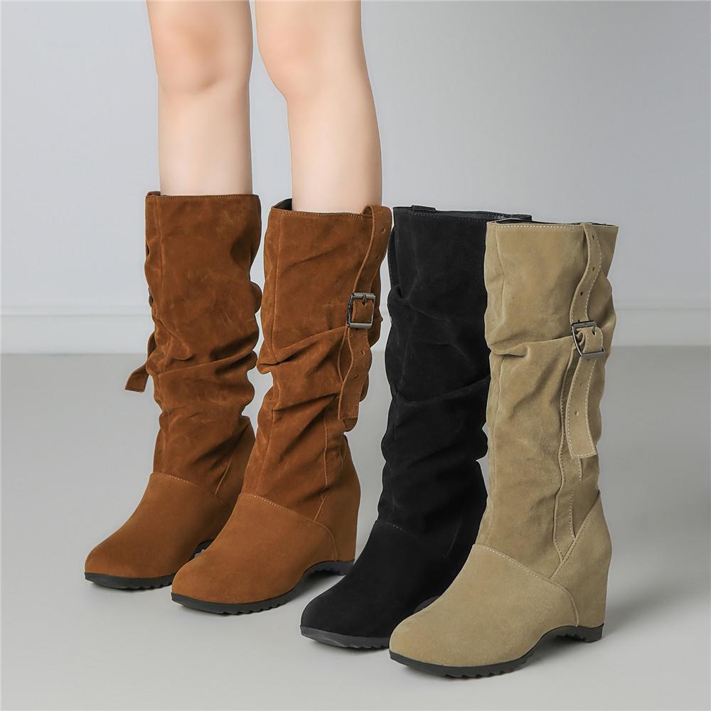Fashion Mid calf Women's Internal Height Boots Women Shoes High Quality New Round Toe Solid English Style Fashion Casual Buckle Pleated