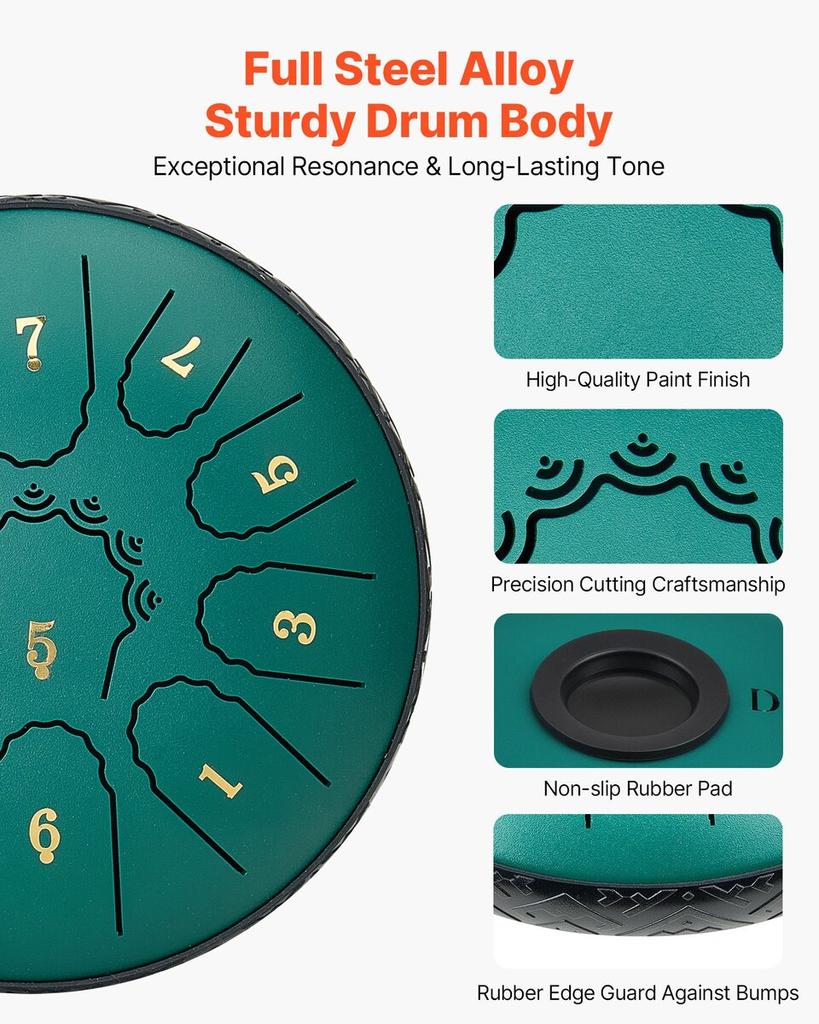 Steel Tongue Drum, 16.5cm 11 Notes Rain Drum for Outside Garden, D Major Musical Drums with Music Book & Mallets, Percussion Instrument for Meditation