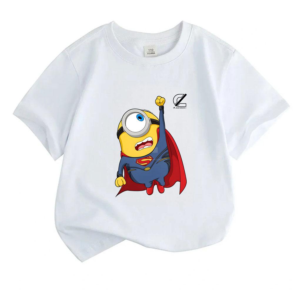 Kids Boys Girls 100% Cotton Crew Neck Short Sleeve T-Shirt, Funny Cute Flying Super Hero Minion Print Casual Comfortable Tee for Children Daily Outdoo