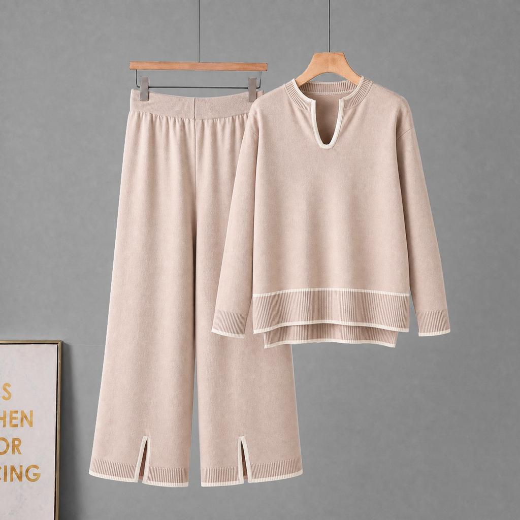 European and American Autumn and Winter Women's Clothing U-neck Long-sleeved Knitted Sweater Set Split-ended Wide-leg Pants Knitted Two-piece Set