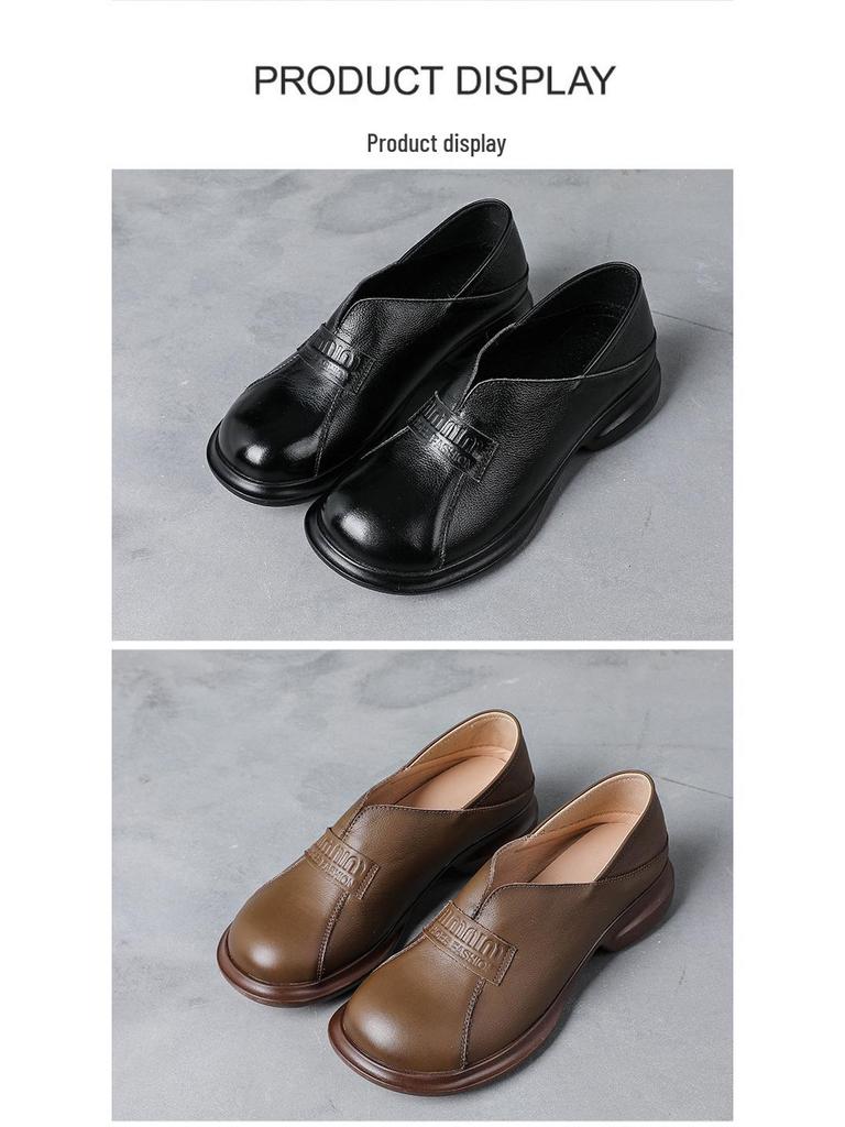 Retro British Style Women's Wide Fit Leather Chunky Heel Shoes - Top Grain Cowhide Round Toe Mom Shoes.