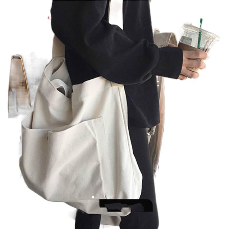 Women's Canvas Tote Bag - Solid Color, Large Capacity, Literary Style, Crossbody or Shoulder Bag for Students.