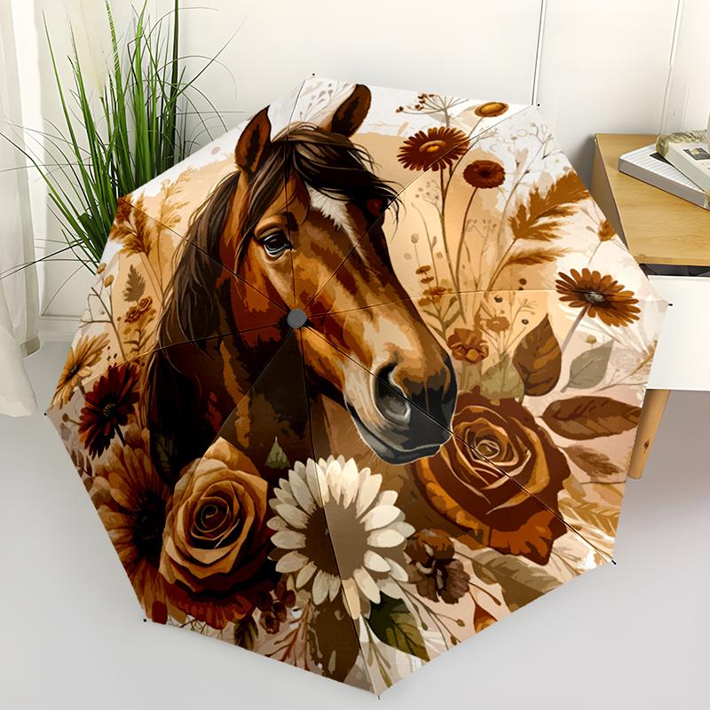 Horse Theme Design Folding Umbrella-Fashionable Auto-Open Design 8 Iron Ribs Plastic Handle Foldable Sunshade,Perfect Gifts