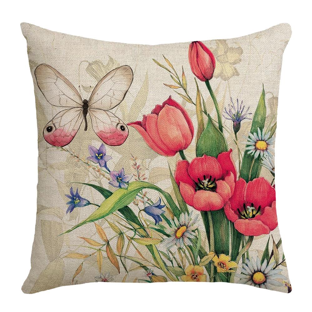 Spring and Summer Flowers and Butterflies Country Print Car Cushion Bedside Cushion Linen Pillow Case