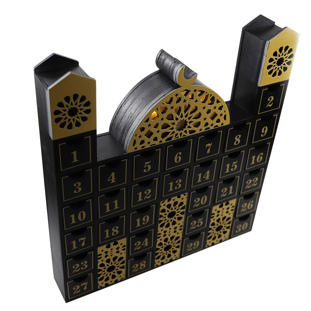 Schloss Ramadan Holz Countdown-Kalender DIY Adventskalender Holz Schublade Box Ornament mit LED-Licht für Eid Mubarak