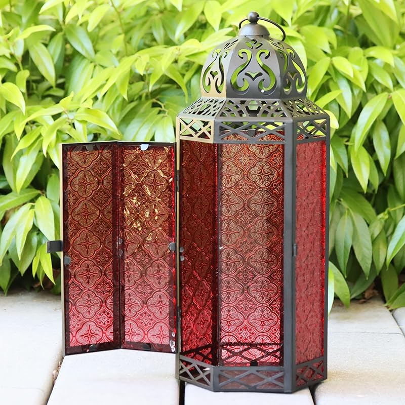 Extra Large Black Metal Decorative Floor Moroccan Lantern Candle Holder Lamp - Indoor/Outdoor, Home Decor, Patio, Weddin Extra Large красный