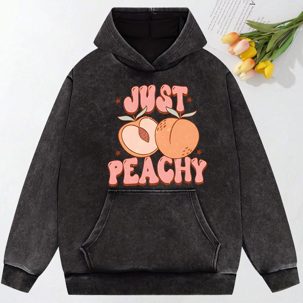 Just Peach Illustration Printed Female Washed Streetwear Pullovers Cotton Sportswears Casual Pocket Hoody