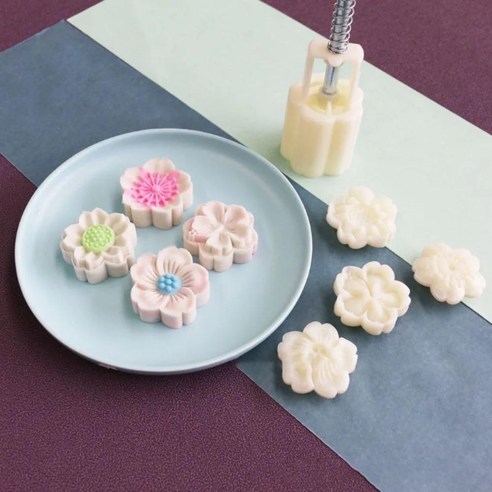4Pcs/Set Mooncake Mold Cherry Blossom Flowers Letter Pattern Stamps Hand Press Mold Plungers Pastry Tools Mid-autumn Festival