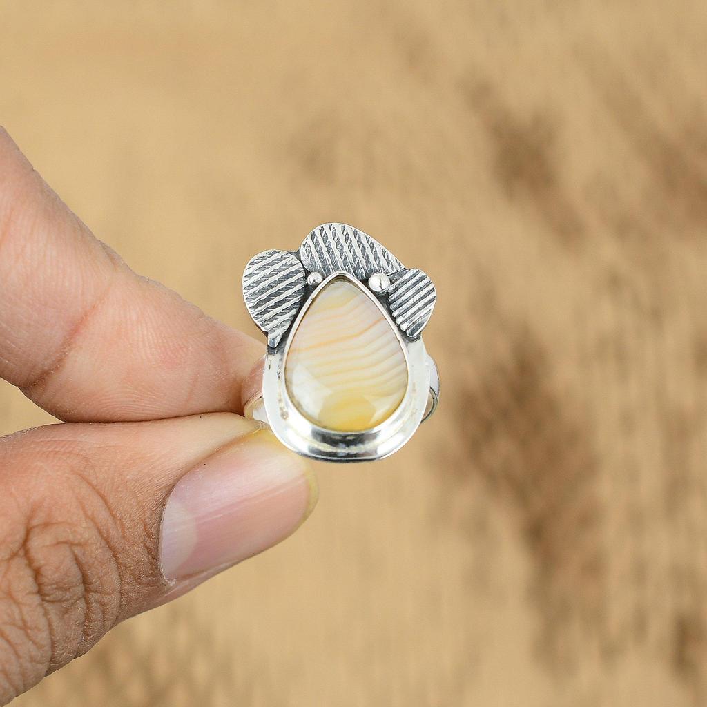 Gift For Women Stackable Adjustable Ring 925 Silver Natural Botswana Agate