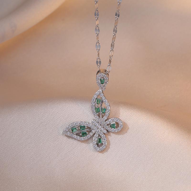 Emerald Butterfly Full Diamond Titanium Steel Clavicle Necklace for Women - Trendy Korean Fashion