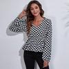 BITCED 19 Floral Checkered Chain Floral Checkerboard Printed Long Sleeve Chiffon Shirt for Women Spring and Autumn