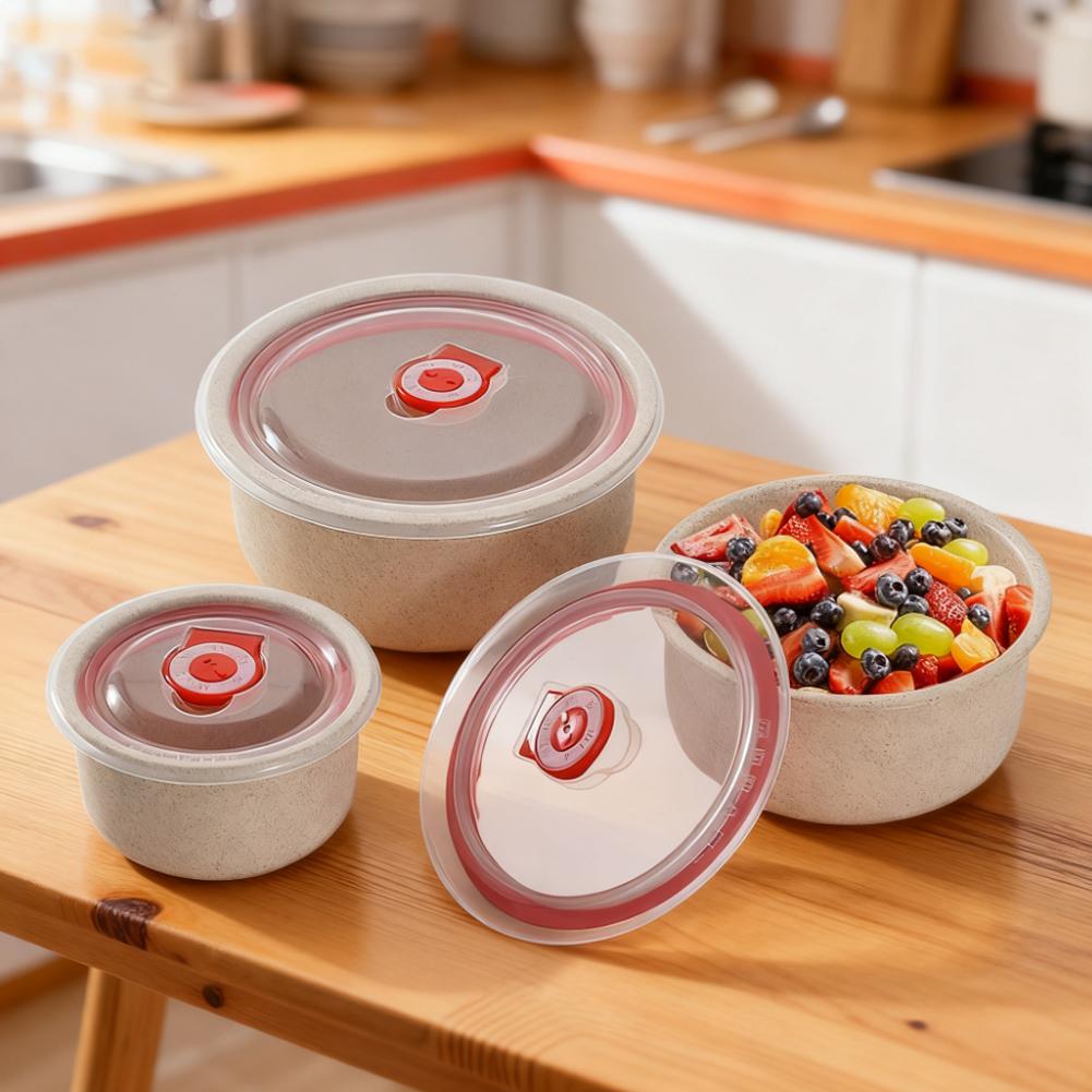 Wheat Straw Food Storage Bowl Set 3 Pieces With Lids Microwave Safe Plastic Bento Lunch Box Round Containers For Meal Prep Snack