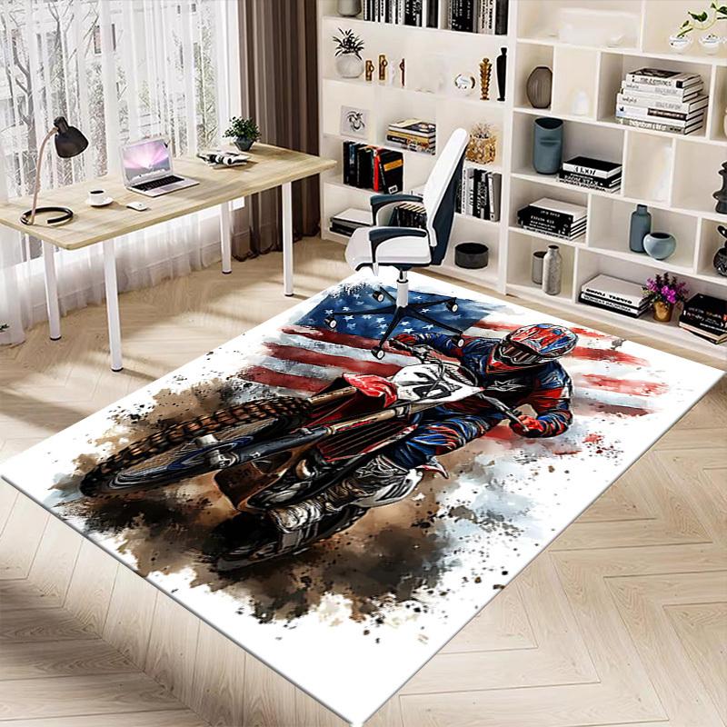 1PC Motorcycle American Flag Non-Slip Floor Carpet Compatible for Office&Living Room&Dining Room - Flat-Weave Machine- Soft & Pattern-E286