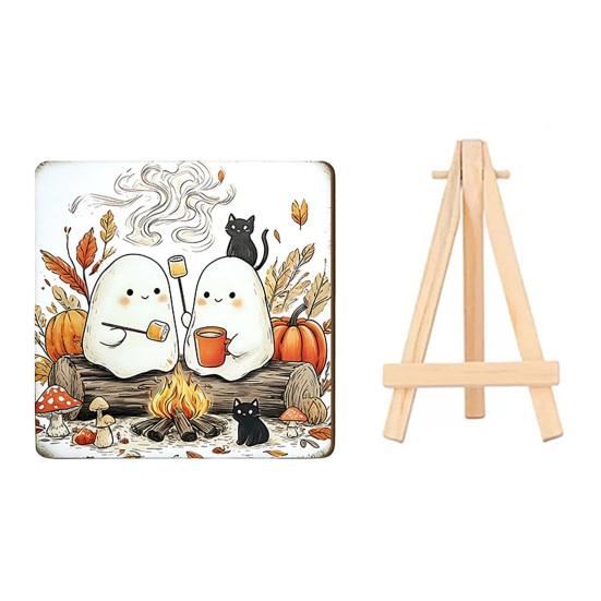 Holiday Gift for Autumn Lovers Halloween Wood Tabletop Sign with Mini Easel, Cute Pumpkin Ghost Decorative Plaques Cafe Plaque, Rustic Ornament
