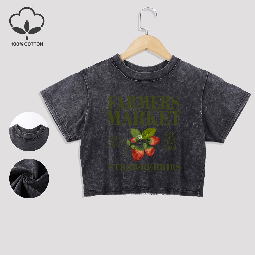 

Farmers Market Strawberry Prints Cotton Washed T-Shirts Summer Lace Hem Crop Tees Regular Fit O-Neck Short Sleeve Clothes M