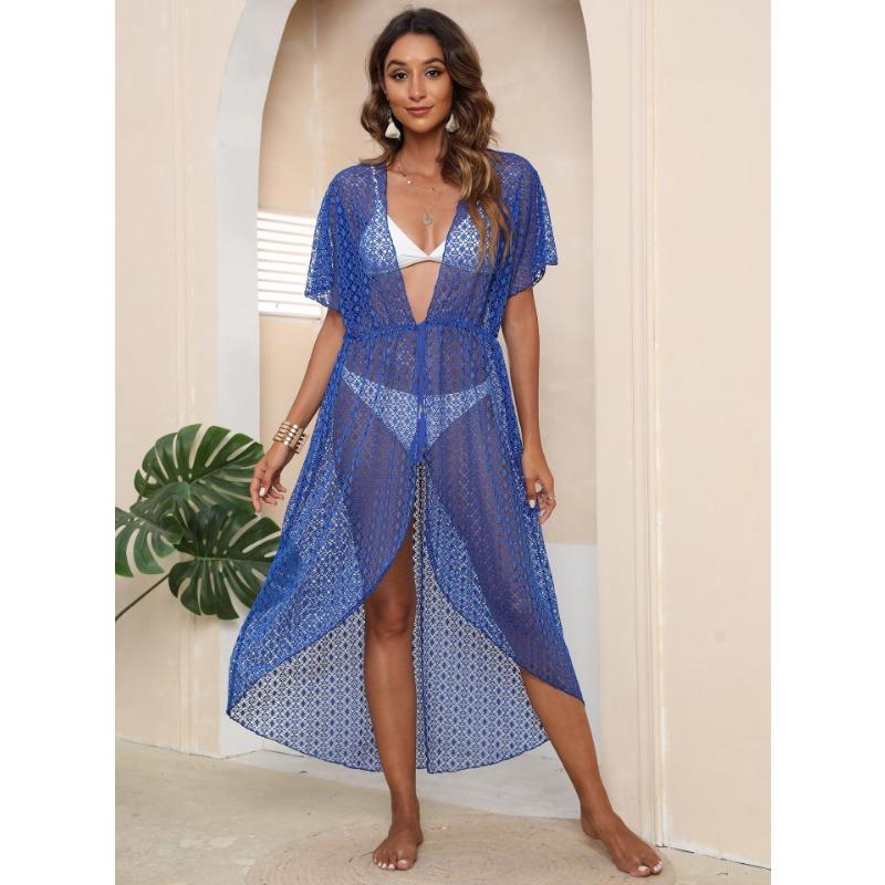 

Женский пляжный кардиган для отдыха на море, большой размер, нерегулярный галстук, сексуальная прозрачная кружевная рубашка One Size синий