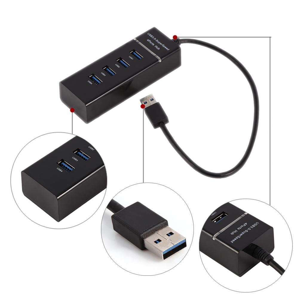 High Speed 4 Port USB 3.0 Hub Converter Adapter Portable Extender for Macbook Card Reader Black