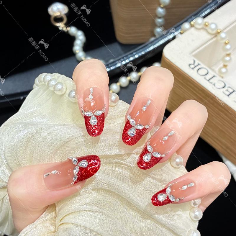 Y82 Red French Bling Rhinestone Retro Light Luxury Medium-Long Whitening Handmade Wearable Nails XS【Very small hands/Short nail beds】