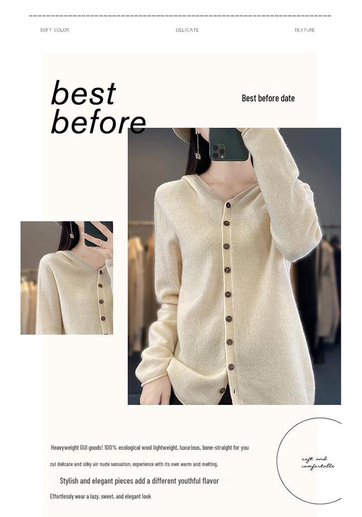 Women's Fashionable Pure Wool Cashmere Hoodie Cardigan - Autumn/Winter Knitwear Long Sleeve Loose Sweater.