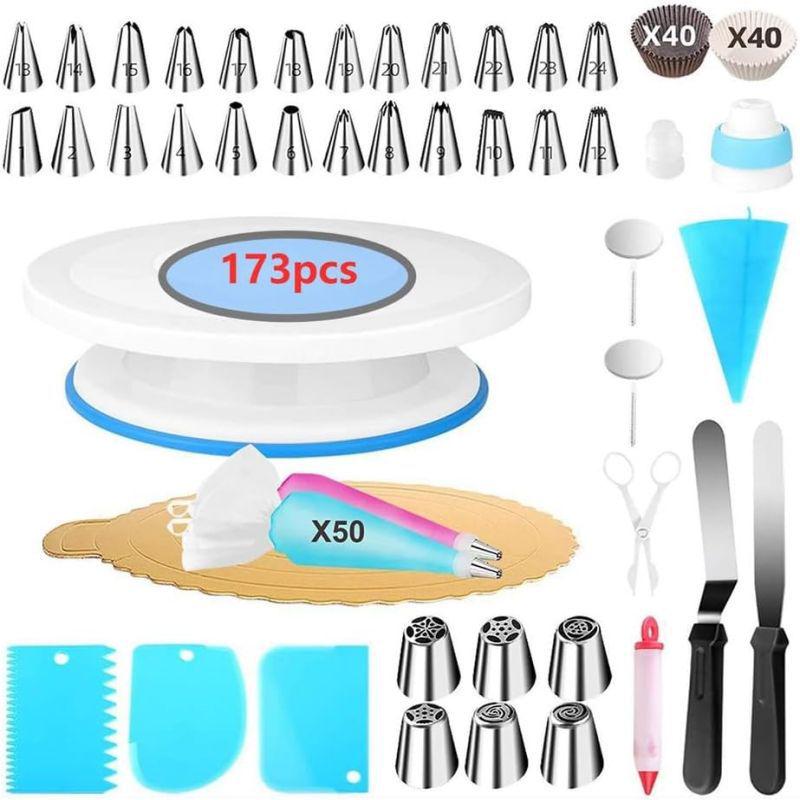 240-Piece Cake Decorating Set: Turntable, Piping Bags, Cream & Pastry Tips, Scraper, Whisk