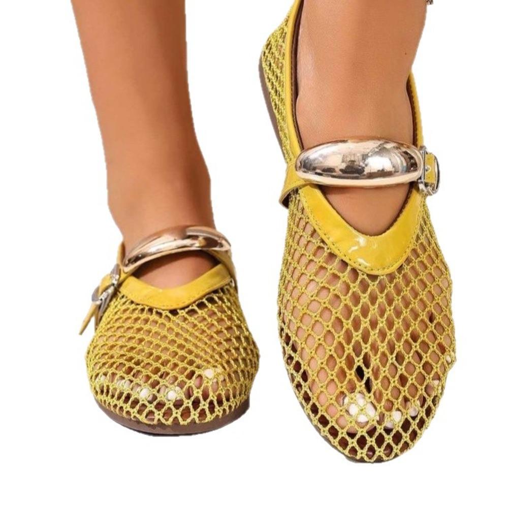 Plus Size Women Round Toe Fishnet Hollow Out Flat Sandals, New Spring Summer European Style Breathable Casual Sandals