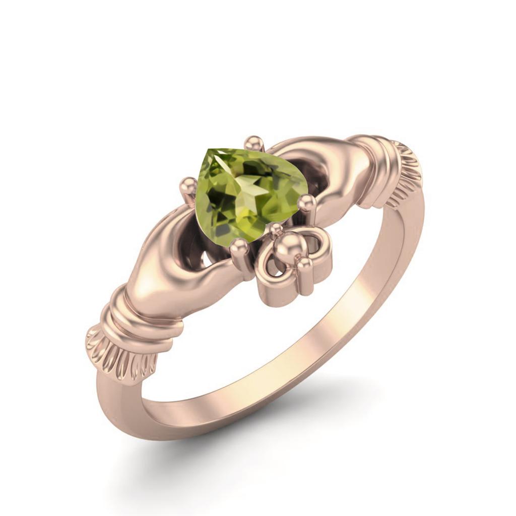 Irský Claddagh 5mm Srdce Peridot 925 Sterlingového Stříbra Rose Vermeil Solitér Dámský Svatba Prsten