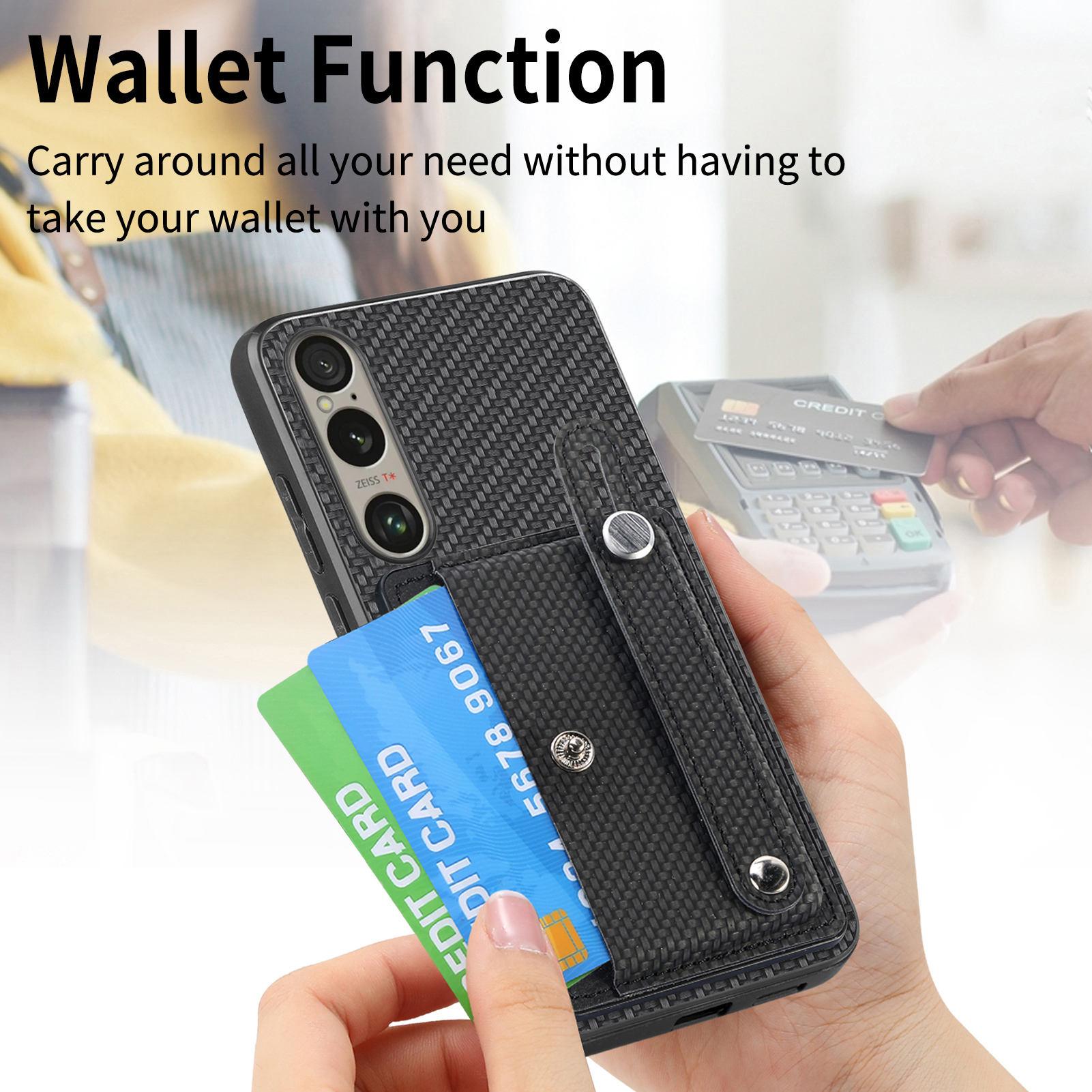 

For Sony Xperia 1 VI Case Card Slot Carbon Fiber Texture Leather+PC+TPU Phone Cover Black