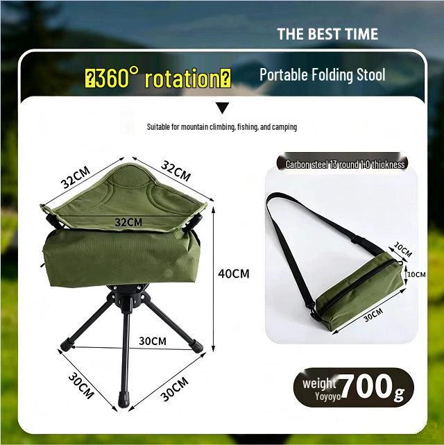 360° Rotating Folding Tripod Stool - Portable, Durable, and Compact for Hiking, Camping, and Fishing.