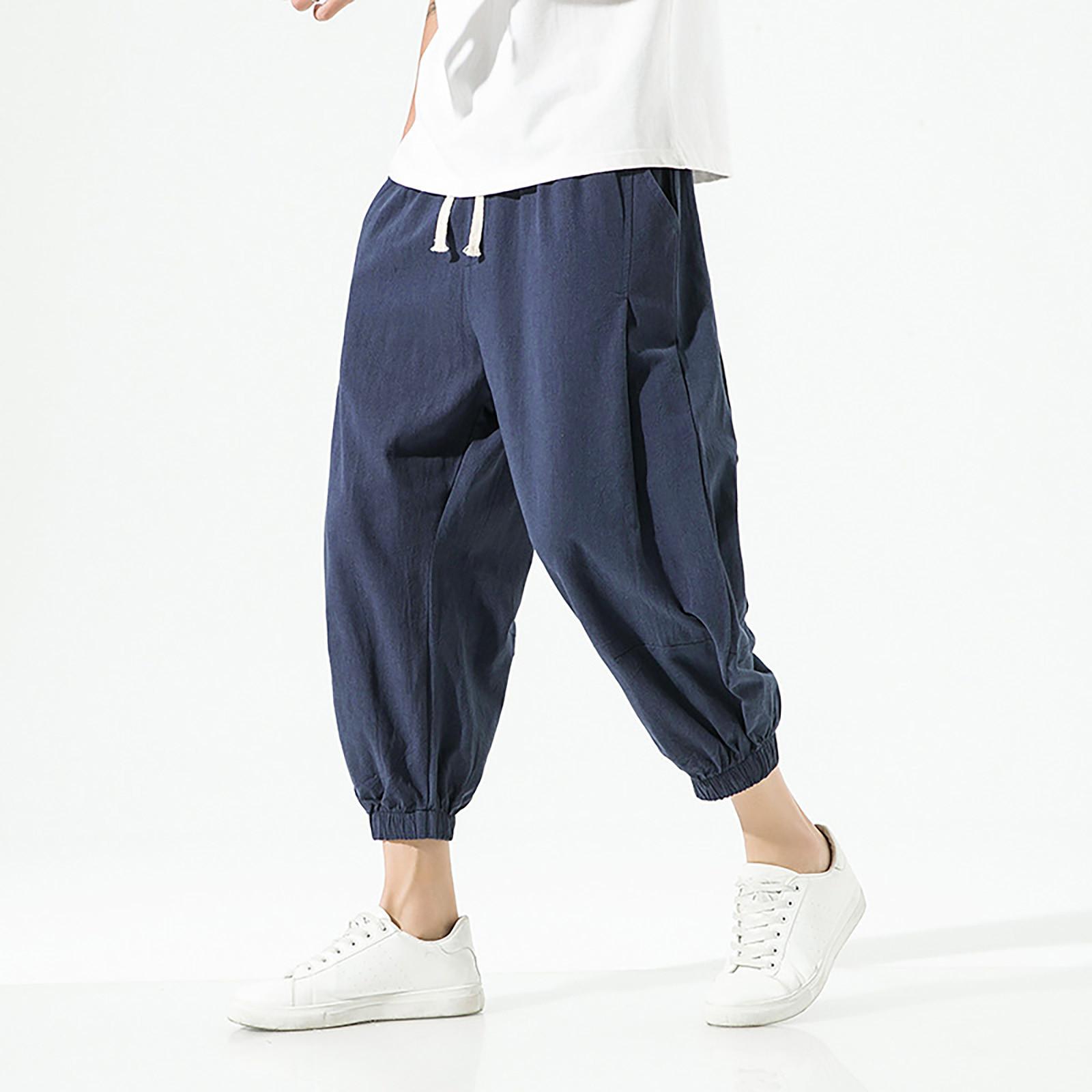 

Men s Color Linen Ninth Pants Cotton And Linen Casual Pants XXXL тёмно-синий