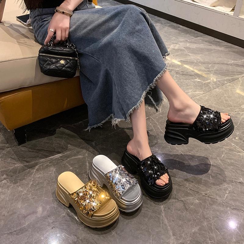 Aphixta Platform Sequined Cloth Sandals Slippers Women 8CM High Wedge Slides Women Shoes Gold Beach Slides Shoes
