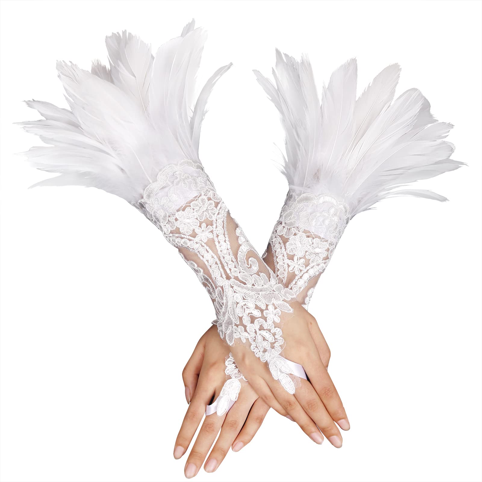 Gants Punk Gothiques Poignet à Plumes Manchon de Bras Plume de Coq Teinte Naturelle Carnaval Spectacle de Scène Danseuse Costumes Cosplay Fête One Size white