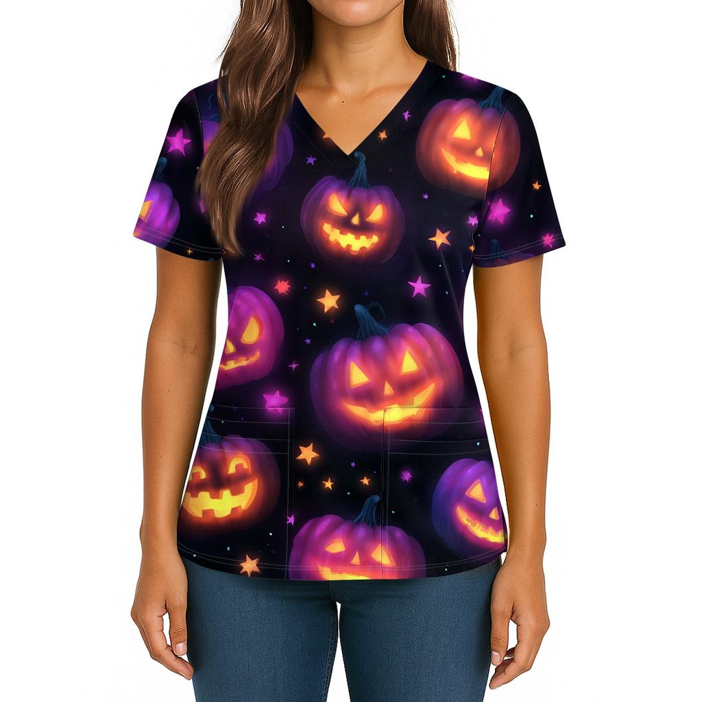 Women's Halloween Printed V-Neck Double Pocket Short Sleeves Hem Slit Uniform Caregiver Top