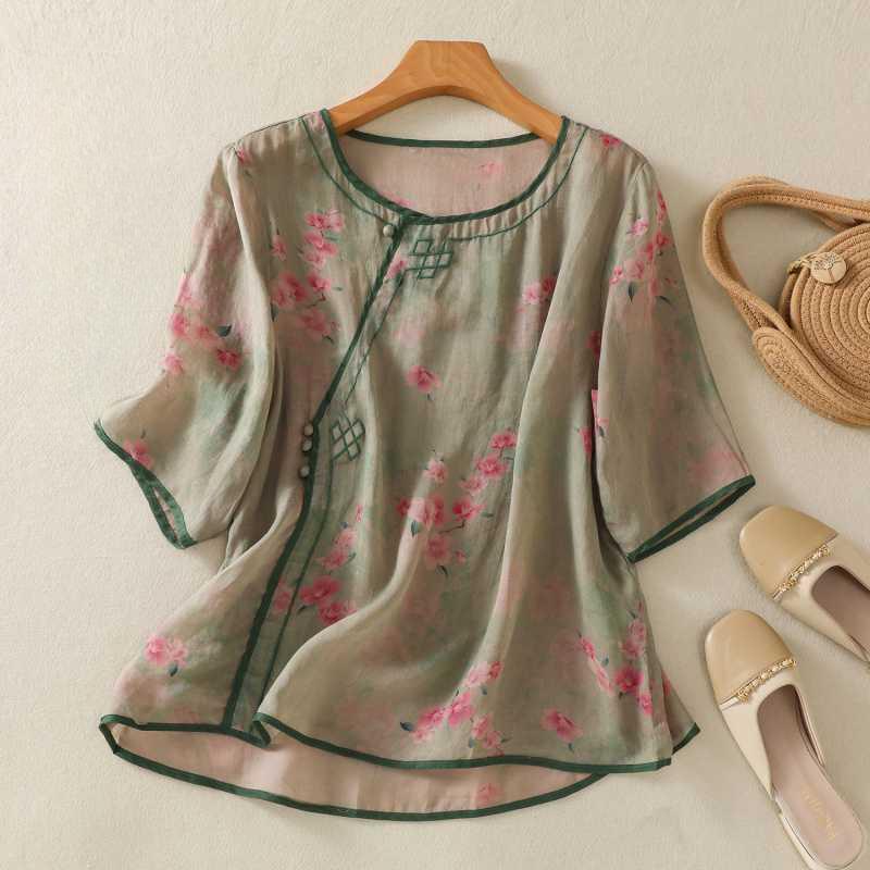 Summer Diagonal Embroidered Thin Artistic Print Loose Versatile Five Quarter Sleeve Top Shirt