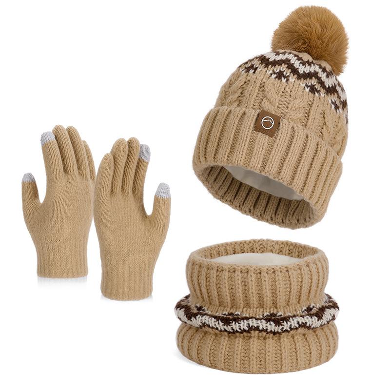 Winter hat, scarf, gloves, three-piece set, outdoor cold-proof and warm pullover hat, fleece ear protector, knitted wool hat for women