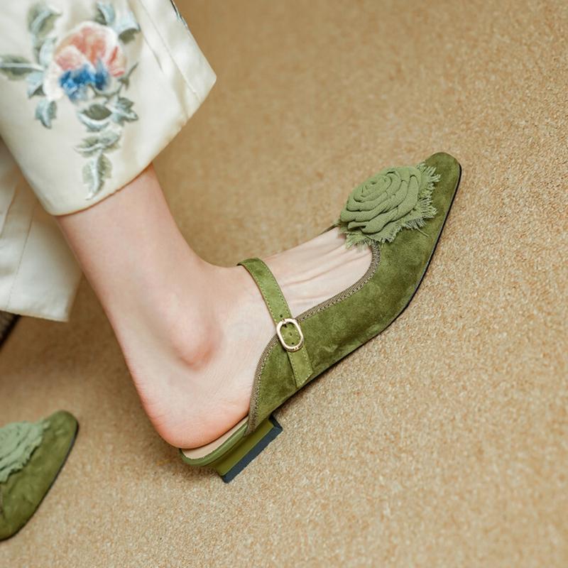 Fashion NEW Summer Women Mules Sheep Suede Leather Shoes for Women Square Toe Low Heel Slippers Cover Toe Slingback Flower Green Sandals