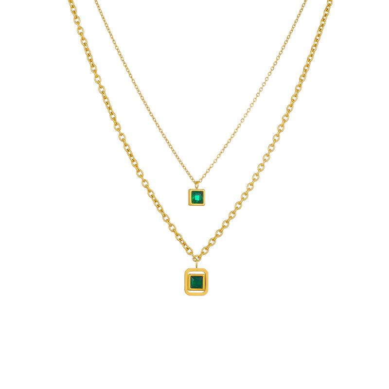 Gold Double Layer Square Emerald Necklace – Minimalist Vintage Jewelry, Growth Elegance Gift for Women