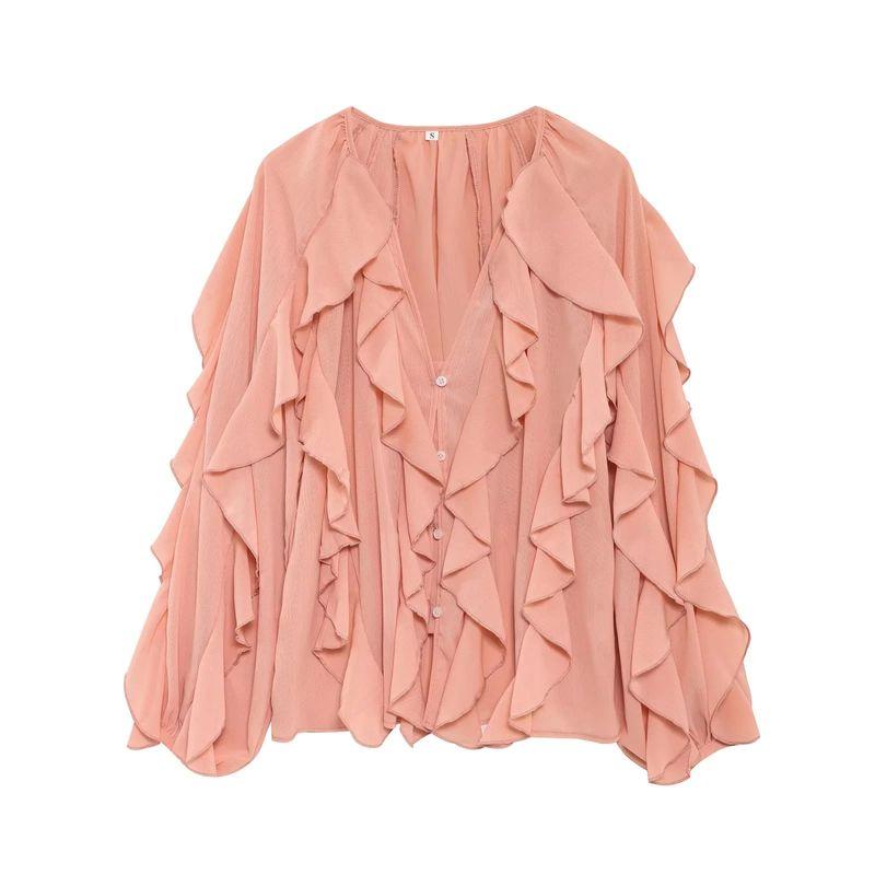 

Spring New Women s Clothing French Style Design Laminated Decoration Fashion V Neck Long Sleeve Shirt Top 4786063 Orange S