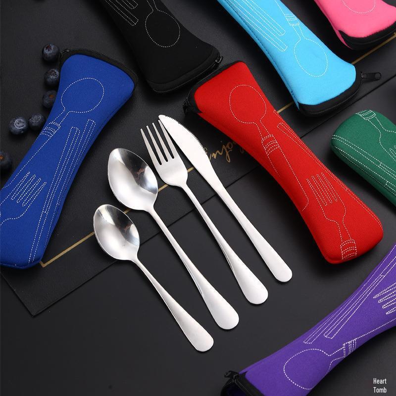 Stainless Steel Portable Cutlery Set with Cloth Bag - Includes Knife, Fork, Spoon & Chopsticks for Outdoor Travel
