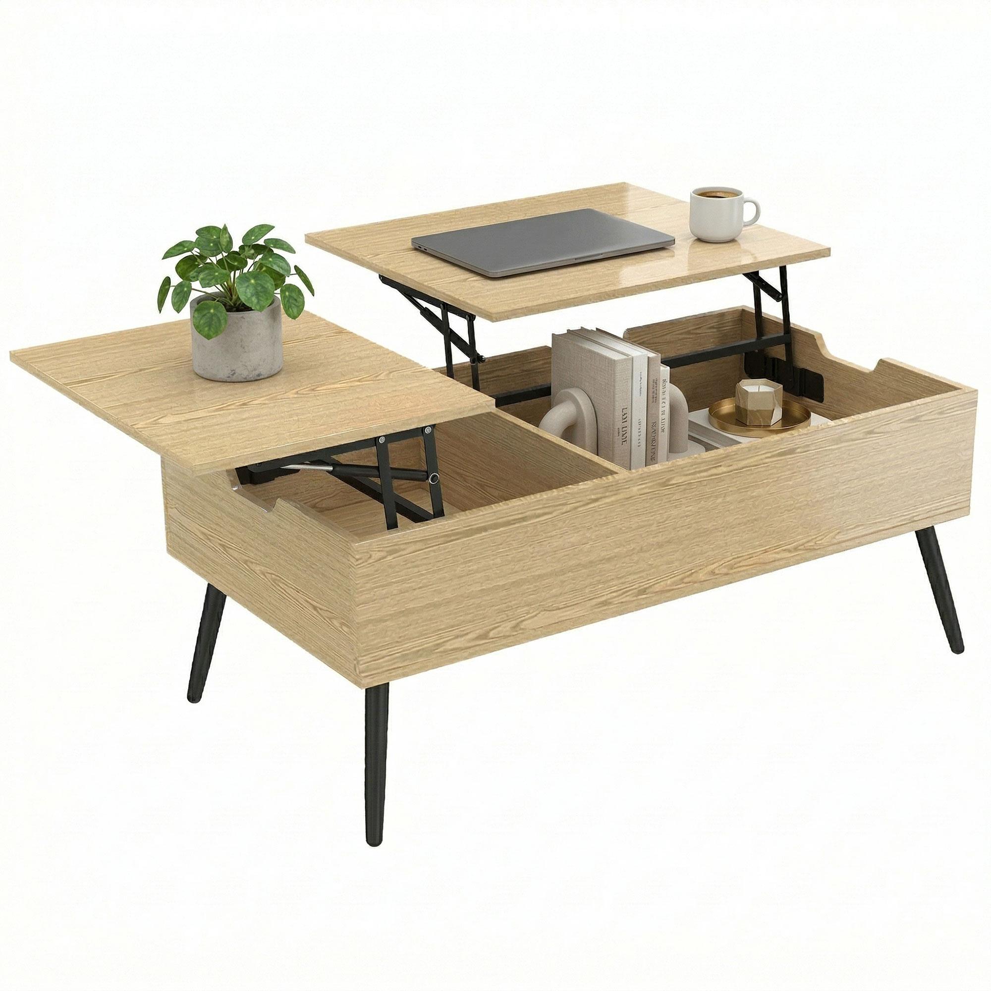 Table Basse Relevable à Double Plateau Table de Salon avec Compartiment Caché et Pieds en Métal Bois Naturel