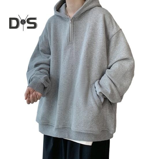 

Осень-весна Мужская толстовка с капюшоном на молнии с капюшоном и карманами, длинные рукава, свободные эластичные манжеты, однотонный пуловер, толстый теплый повседневный топ L светло-серый