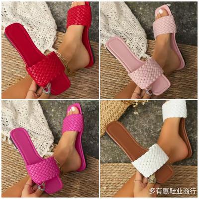 Woven Flat-bottomed Slippers Women's 2025 New One-character Solid Color Flat-bottomed Cool Slippers Women's Slippers