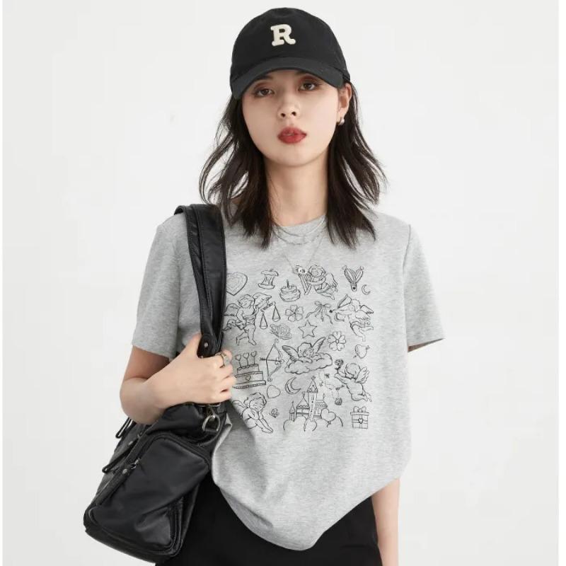 

Summer Women s Cartoon Graphic T Shirt Casual Loose Short Sleeve Tee S серый
