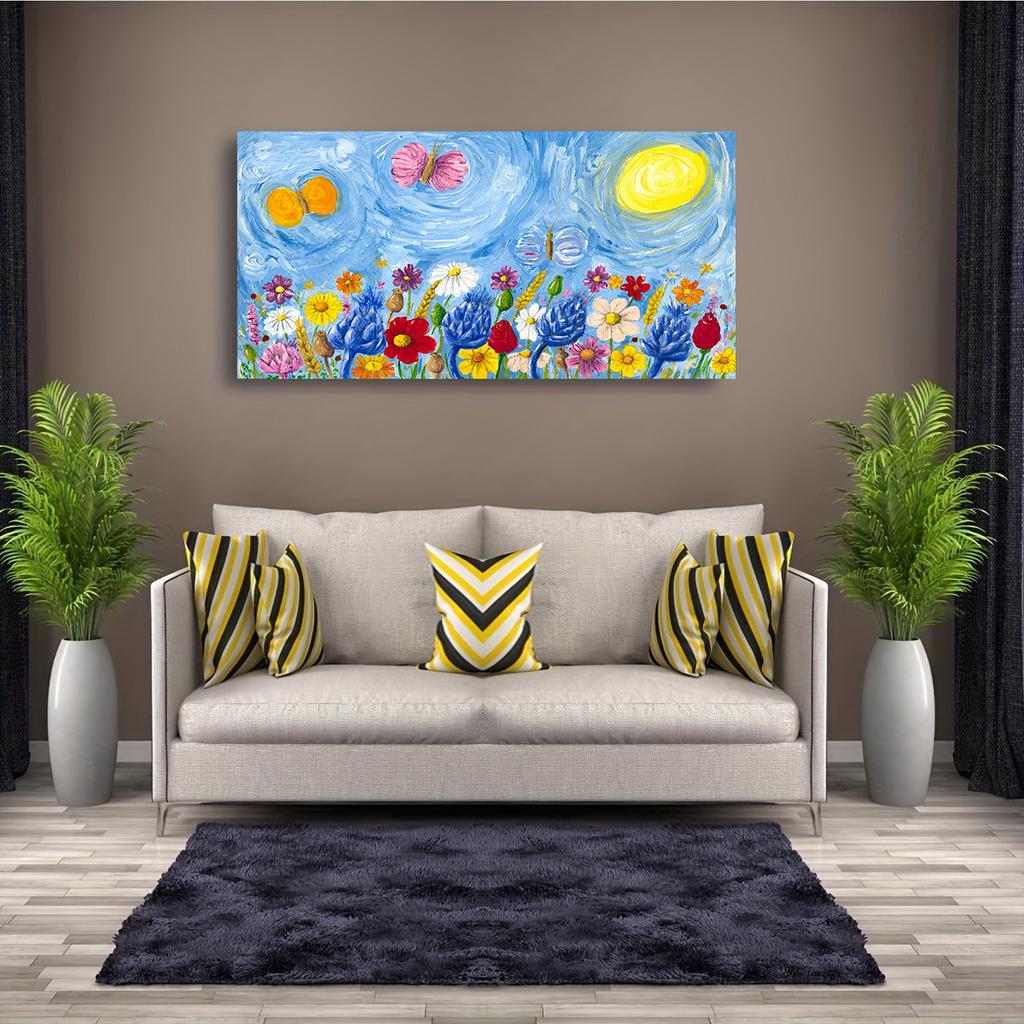 Prairie pleine de fleurs colorées, peinture de paysage, œuvre d'art imprimée moderne pour chambre à coucher, bureau, décoration de maison